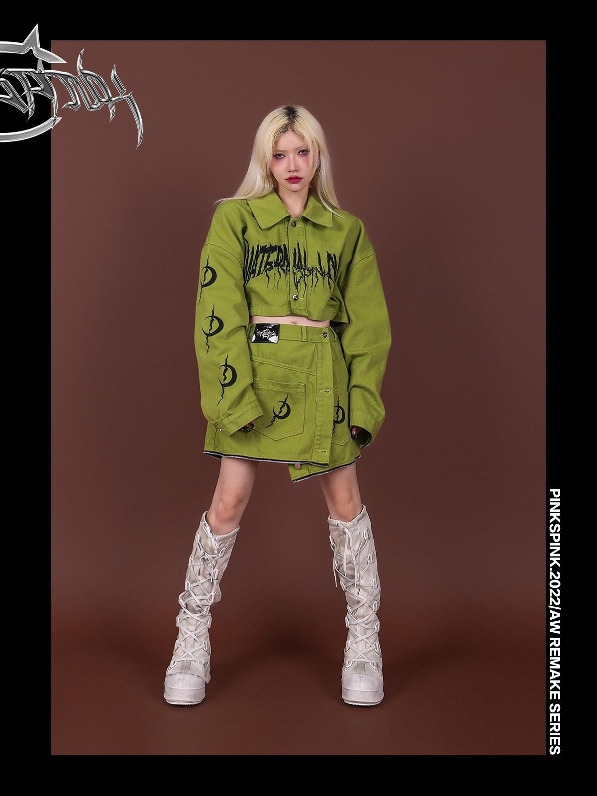 PINKSPINK Reconstructed Embroidered Polo Collar Convertible Women's Cotton Matching Skirt Sets
