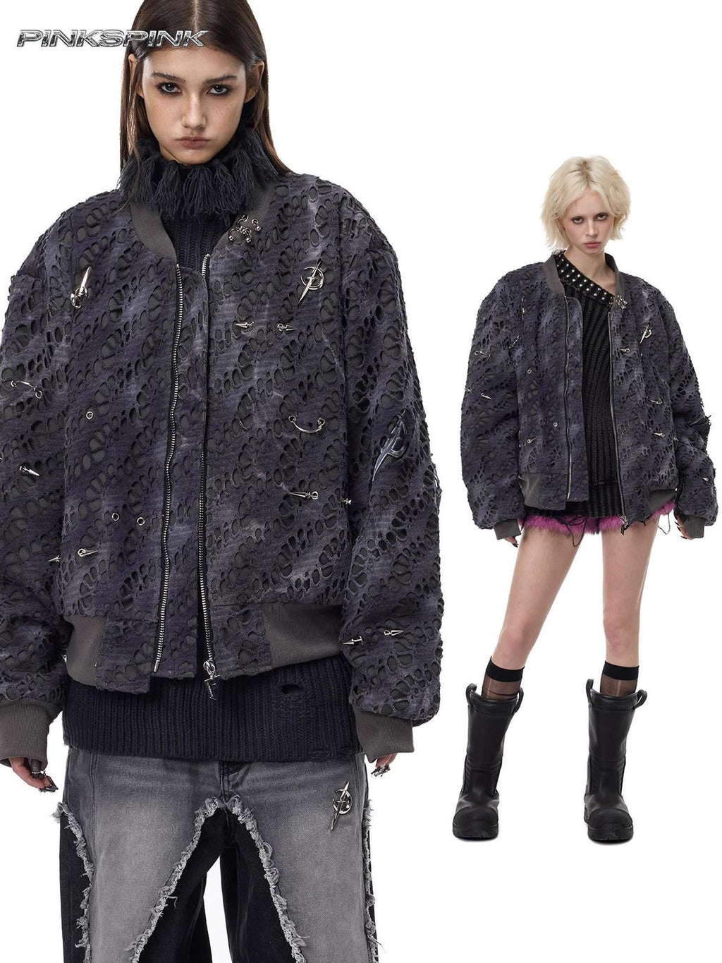 PINKSPINK Reconstructed Patchwork Studded Y2k Air Force Women's Cotton Puffer Jackets