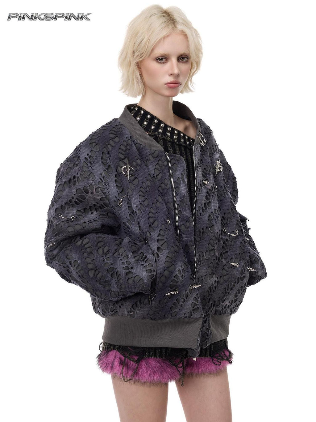 PINKSPINK Reconstructed Patchwork Studded Y2k Air Force Women's Cotton Puffer Jackets