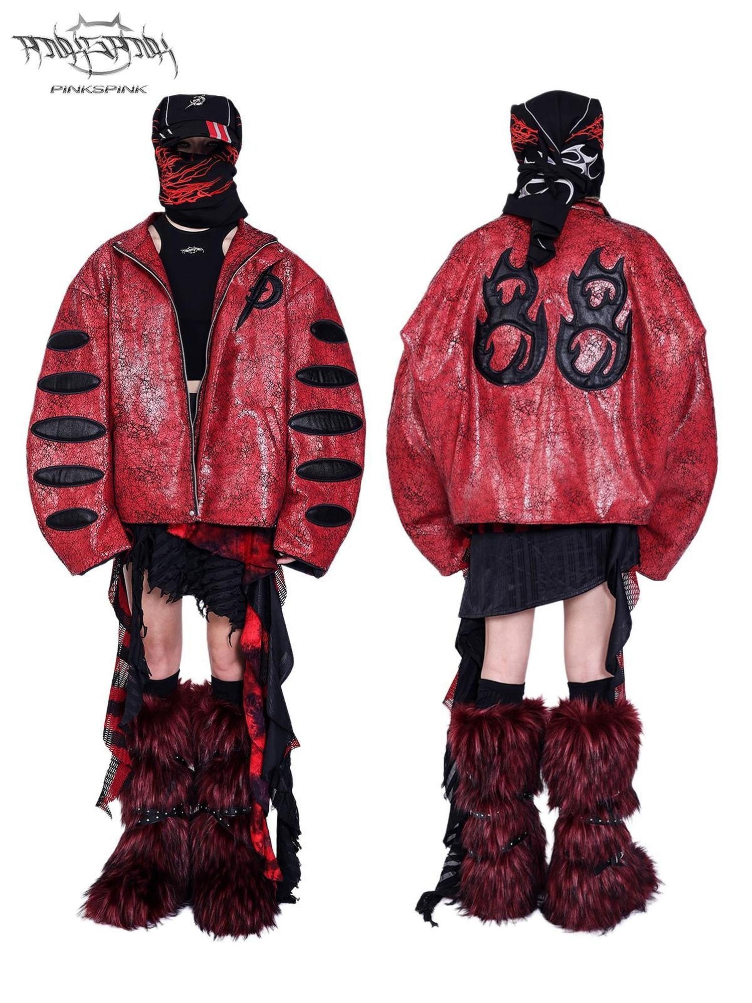 PINKSPINK Red Black Cracked Leather Boxy Loose Women's Pu Moto Jackets