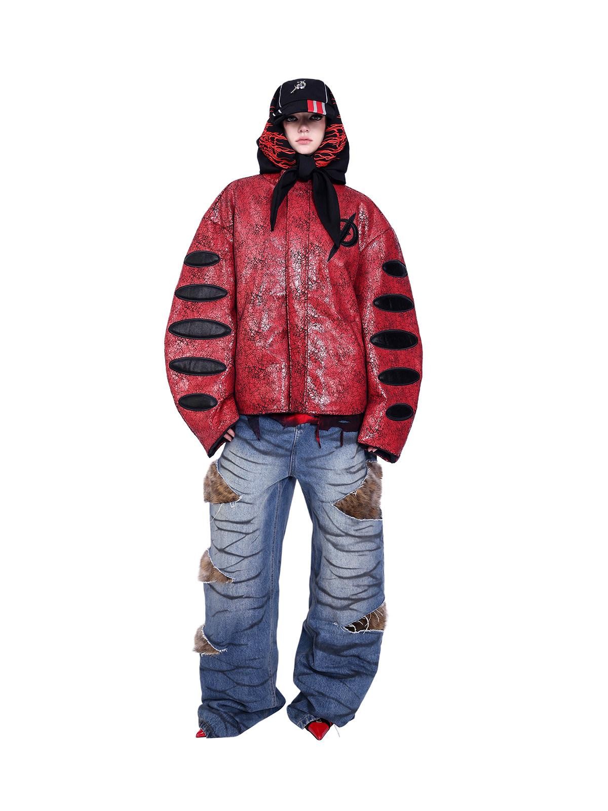 PINKSPINK Red Black Cracked Leather Boxy Loose Women's Pu Moto Jackets