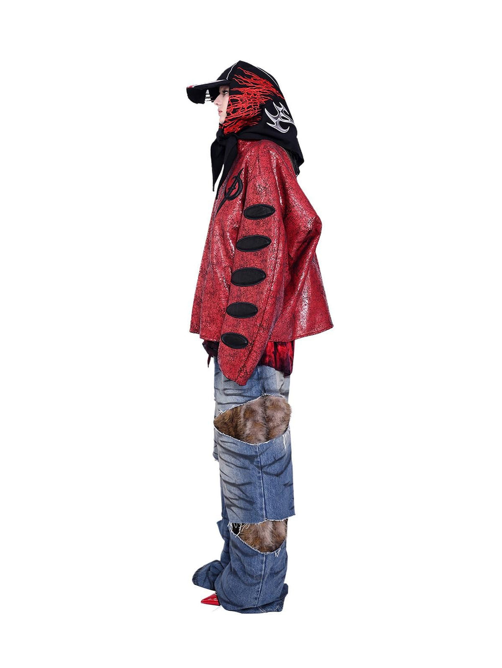 PINKSPINK Red Black Cracked Leather Boxy Loose Women's Pu Moto Jackets
