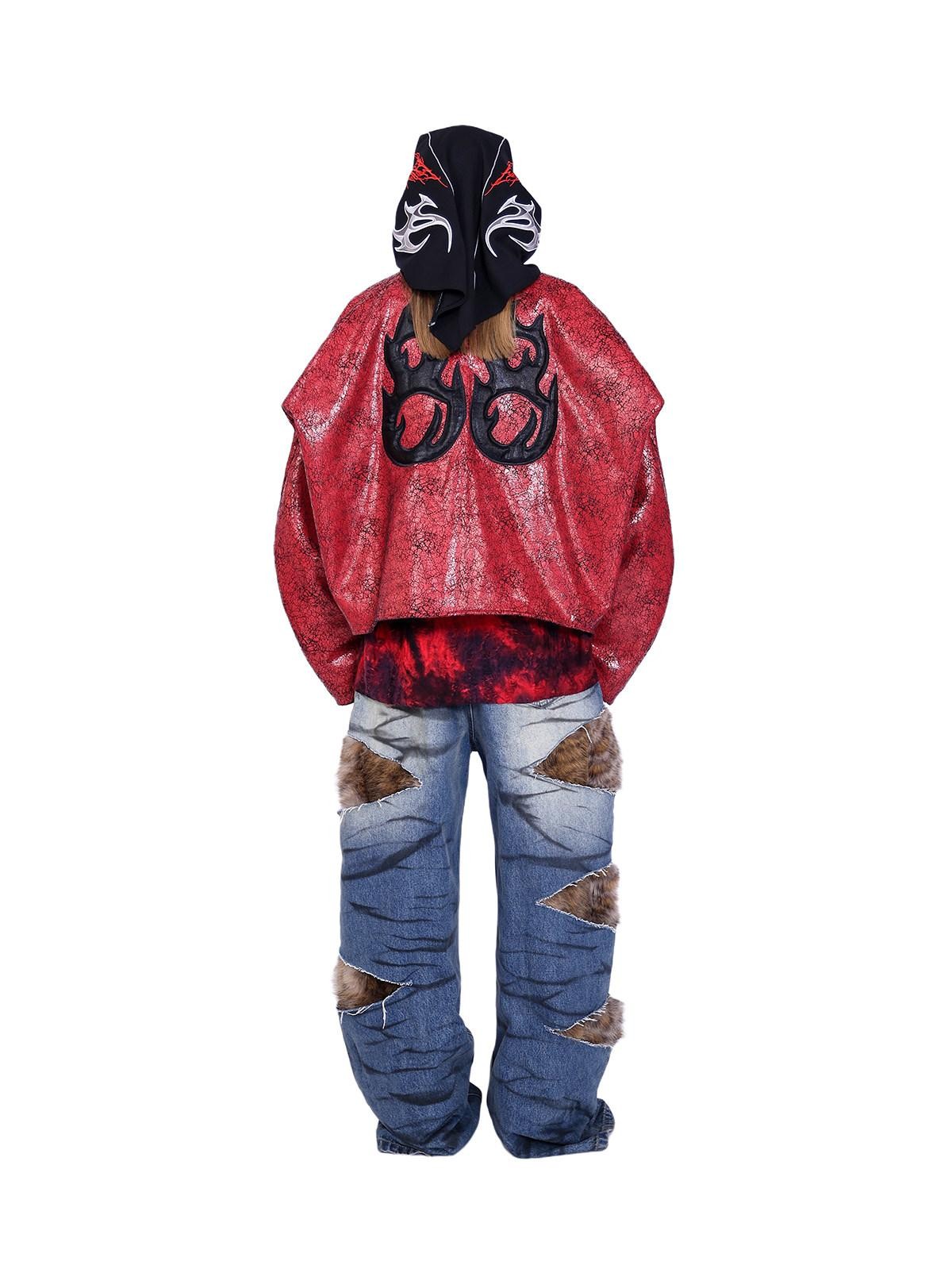 PINKSPINK Red Black Cracked Leather Boxy Loose Women's Pu Moto Jackets