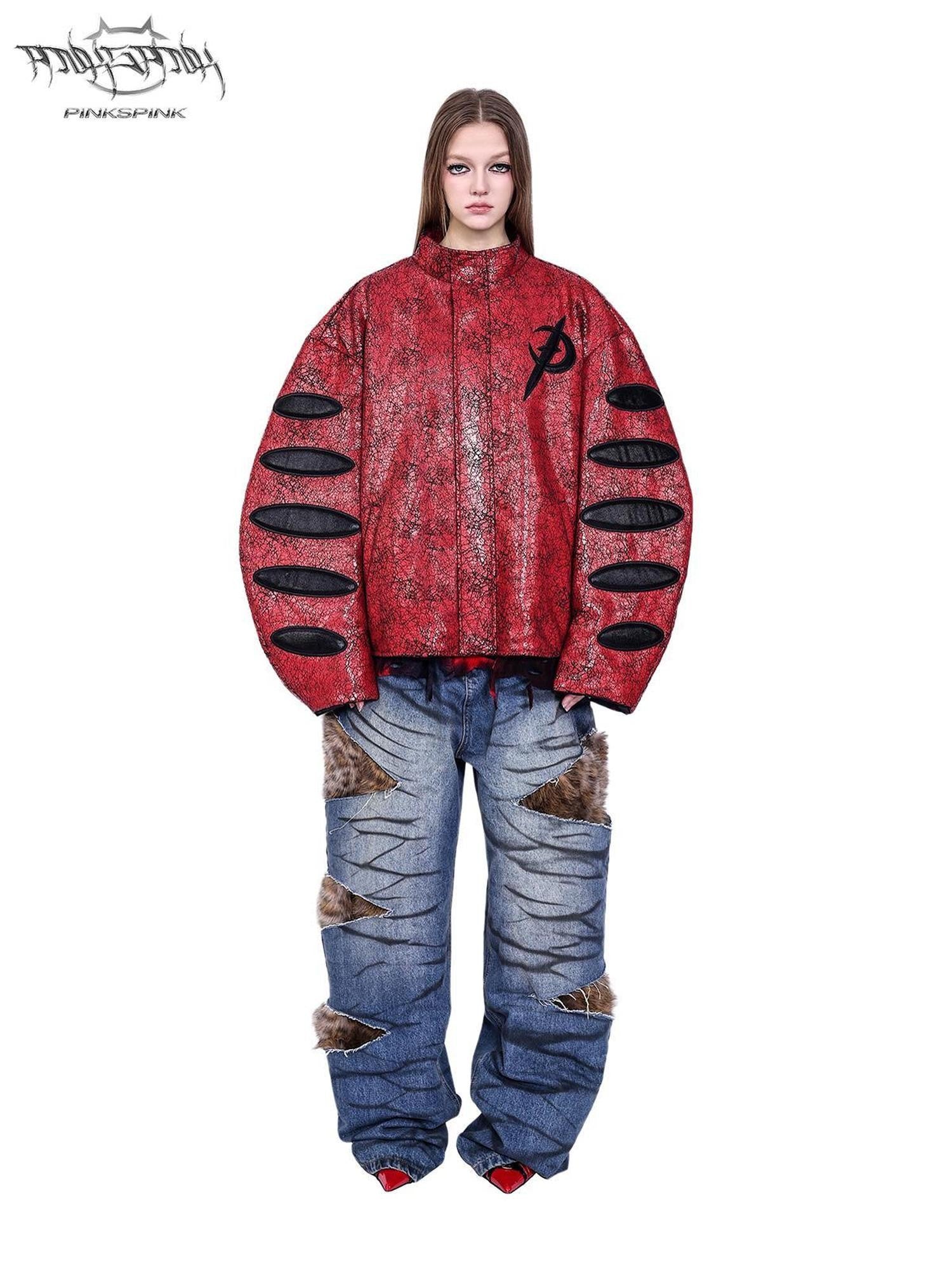 PINKSPINK Red Black Cracked Leather Boxy Loose Women's Pu Moto Jackets