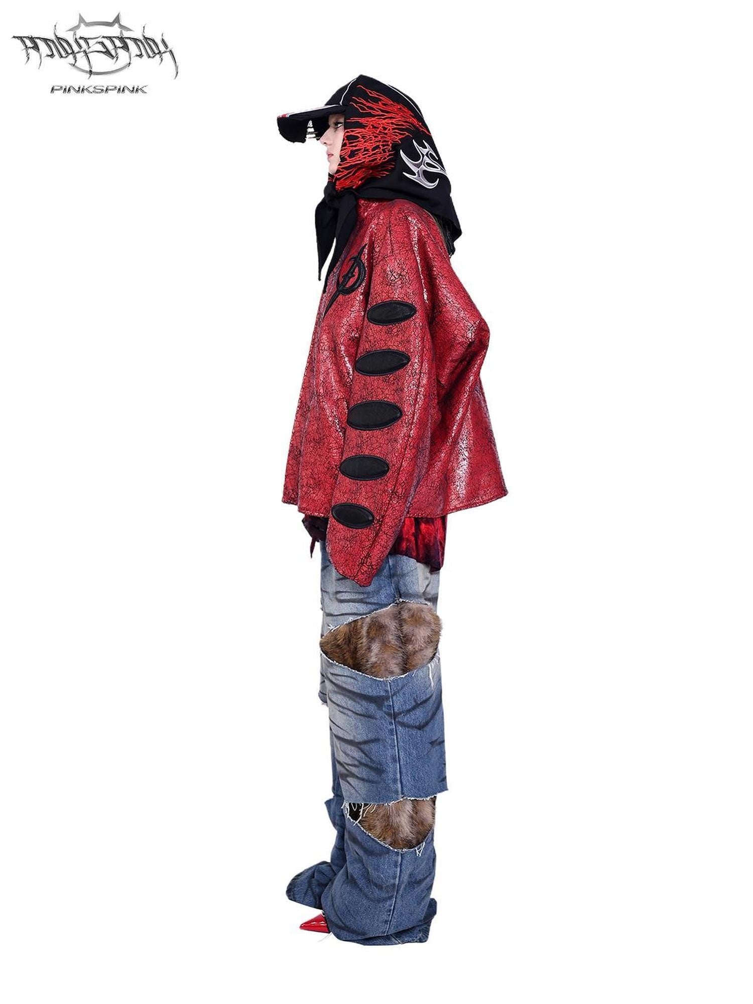 PINKSPINK Red Black Cracked Leather Boxy Loose Women's Pu Moto Jackets