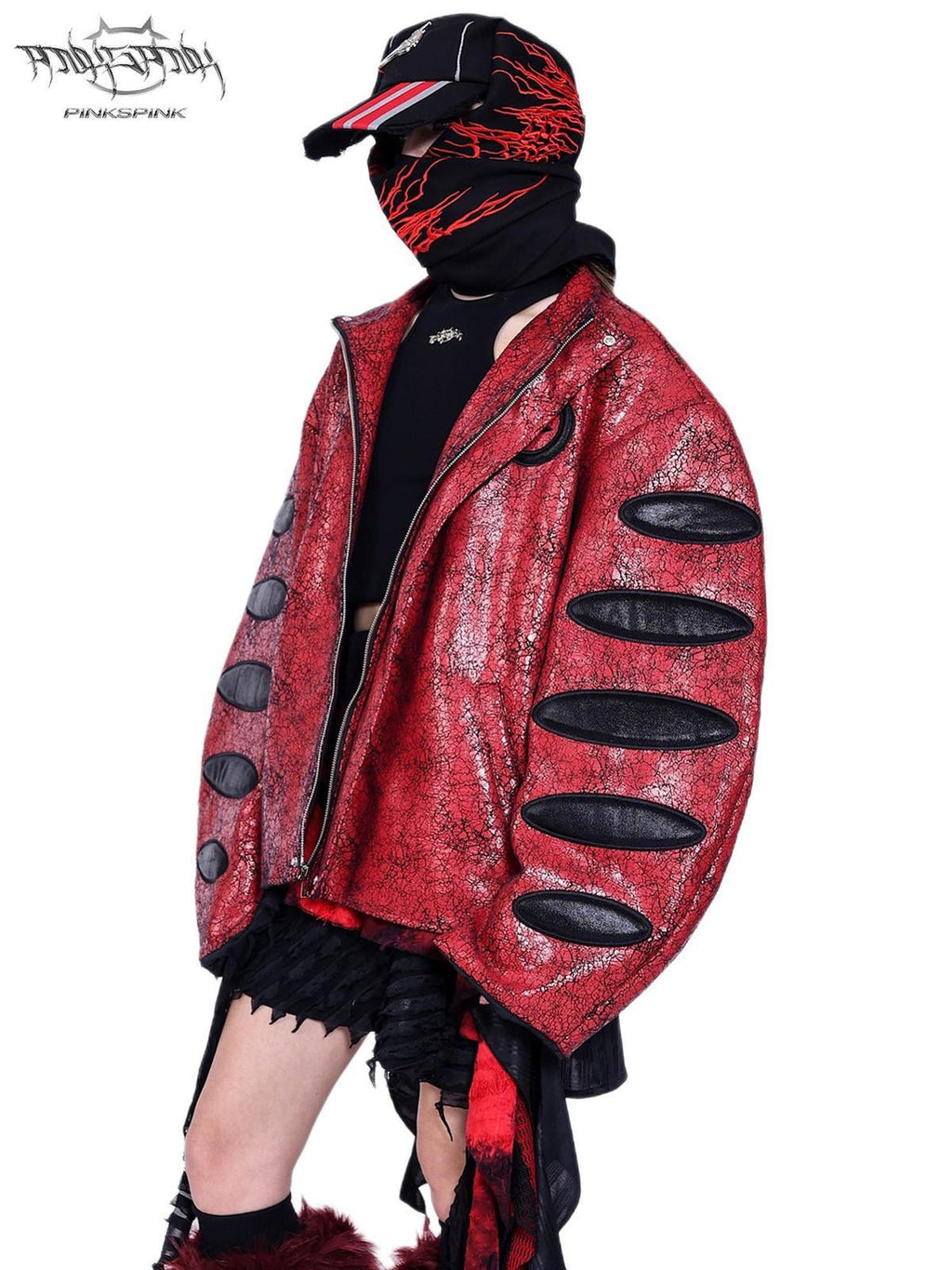 PINKSPINK Red Black Cracked Leather Boxy Loose Women's Pu Moto Jackets