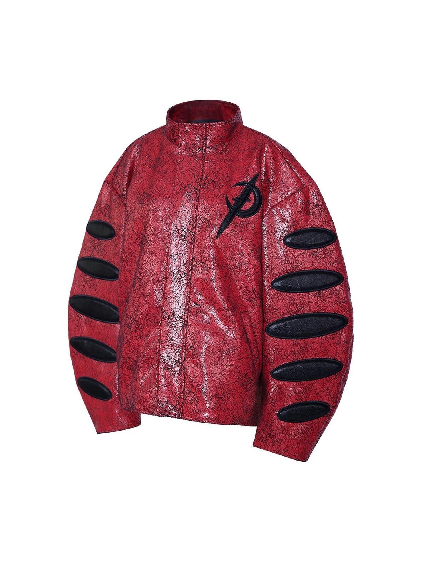 PINKSPINK Red Black Cracked Leather Boxy Loose Women's Pu Moto Jackets
