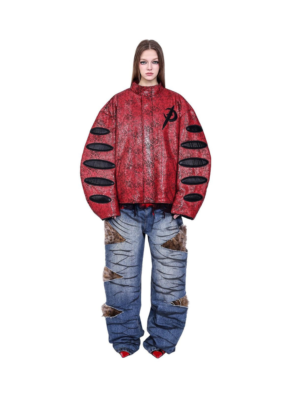 PINKSPINK Red Black Cracked Leather Boxy Loose Women's Pu Moto Jackets