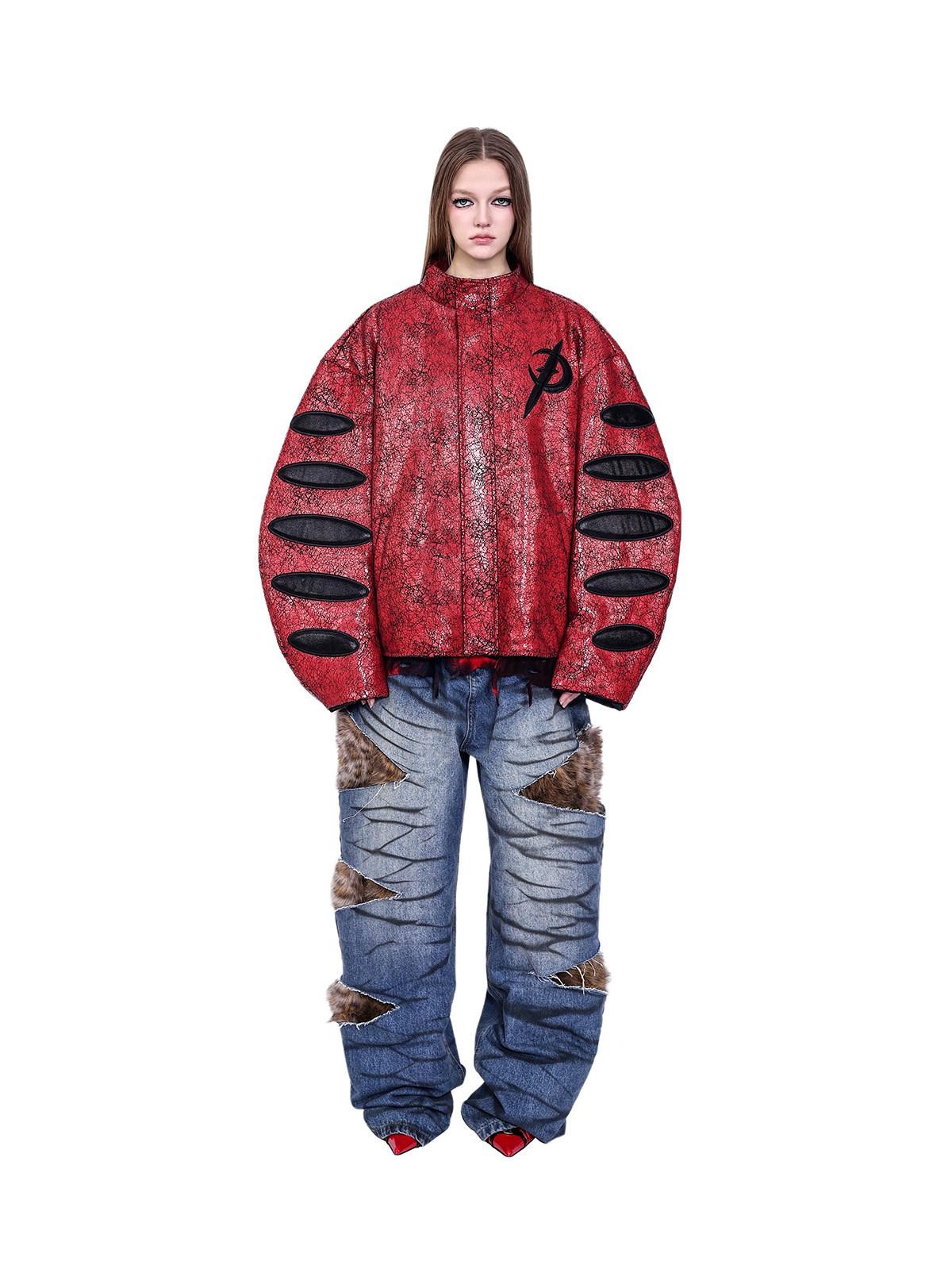 PINKSPINK Red Black Cracked Leather Boxy Loose Women's Pu Moto Jackets