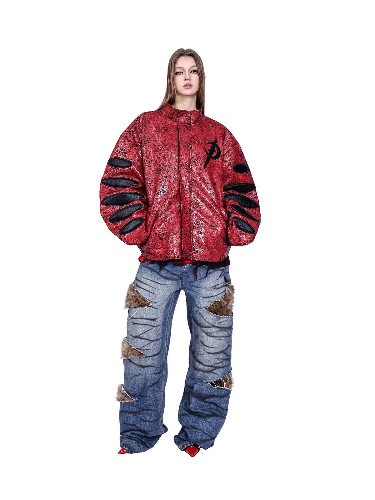 PINKSPINK Red Black Cracked Leather Boxy Loose Women's Pu Moto Jackets