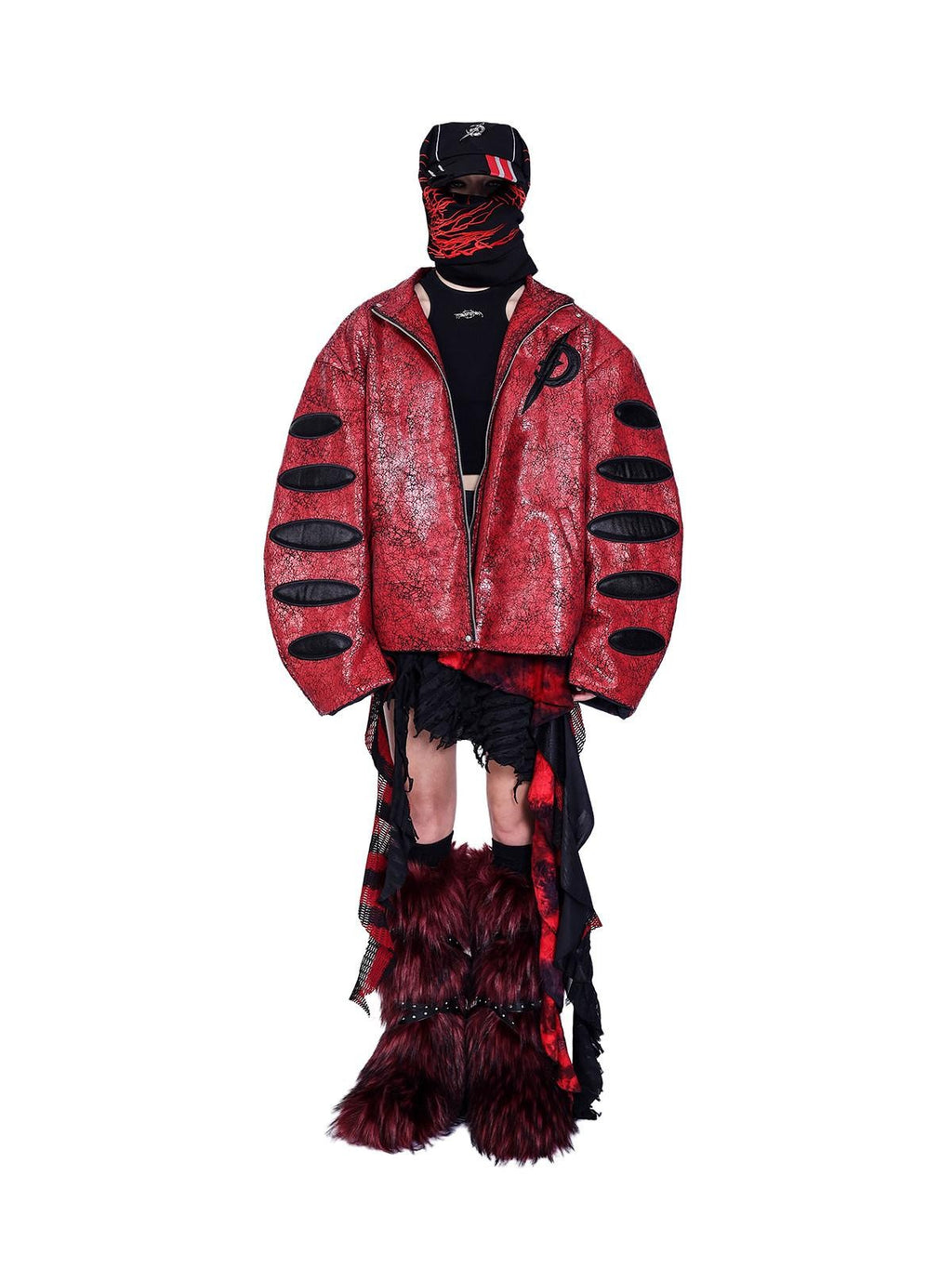 PINKSPINK Red Black Cracked Leather Boxy Loose Women's Pu Moto Jackets