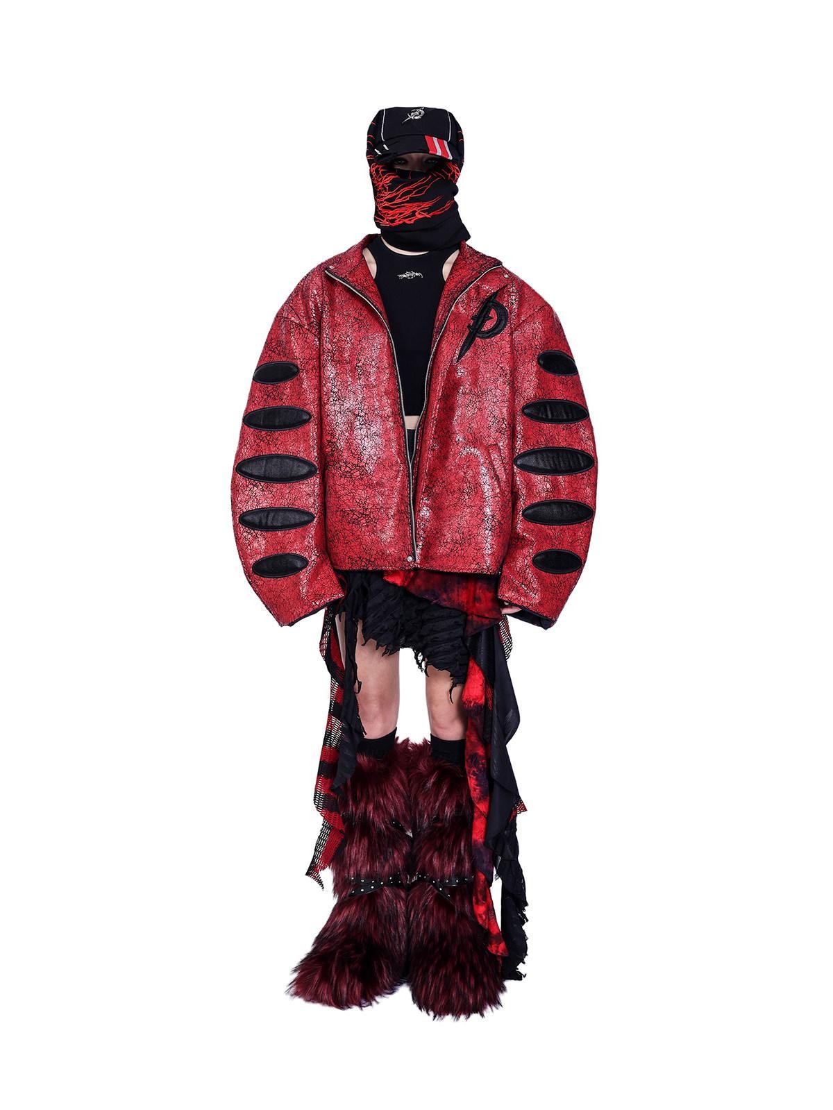PINKSPINK Red Black Cracked Leather Boxy Loose Women's Pu Moto Jackets