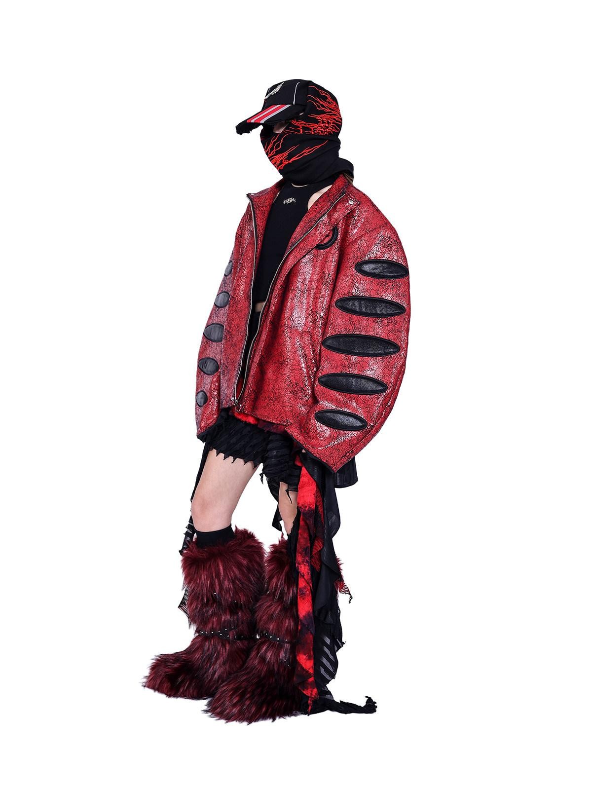 PINKSPINK Red Black Cracked Leather Boxy Loose Women's Pu Moto Jackets