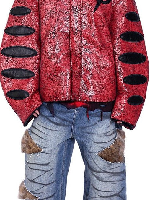 PINKSPINK Red Black Cracked Oversized Boxy Women's Pu Leather Moto Jackets