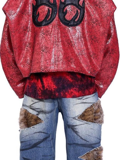 PINKSPINK Red Black Cracked Oversized Boxy Women's Pu Leather Moto Jackets