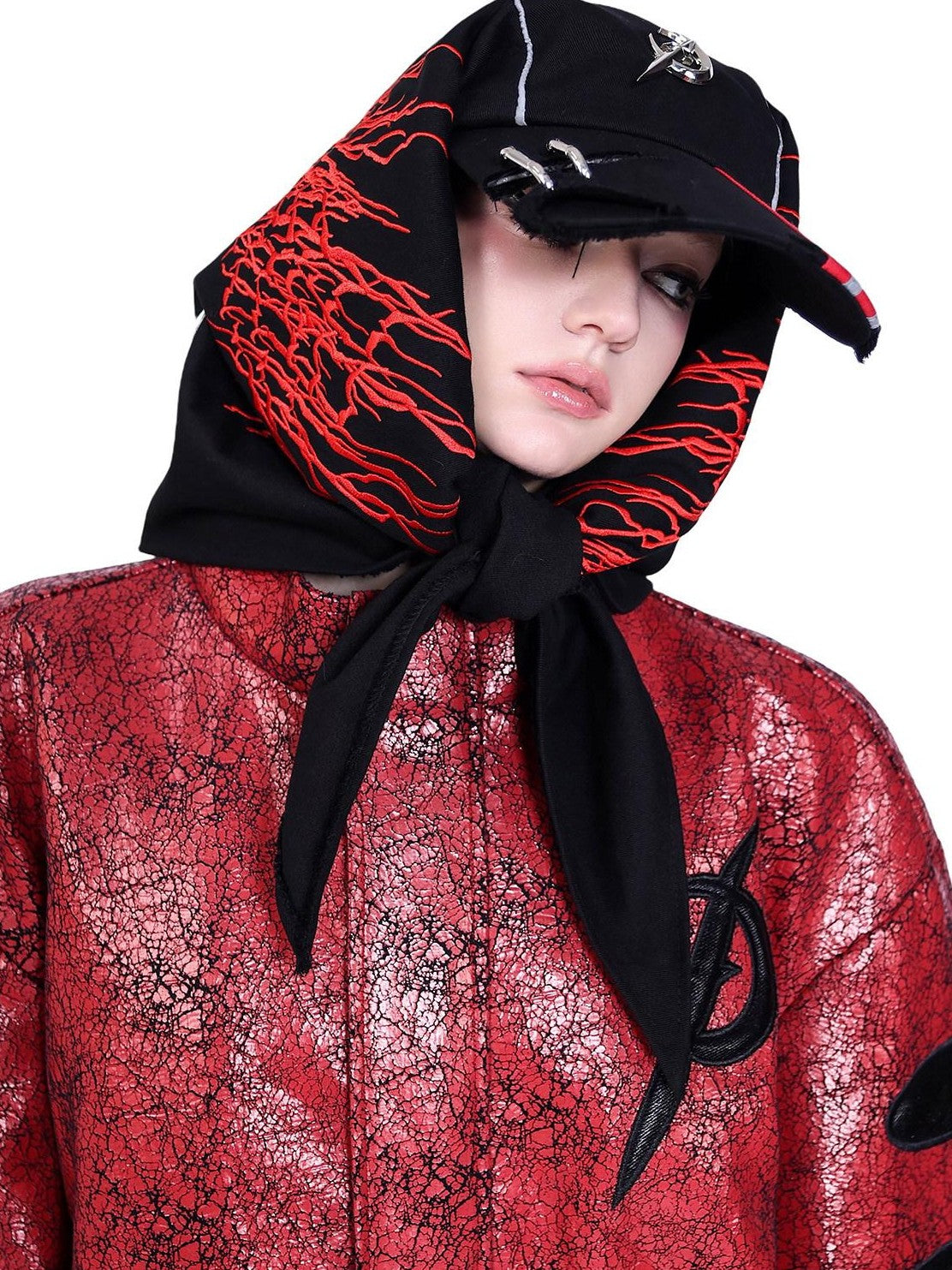 PINKSPINK Red Black Cracked Oversized Boxy Women's Pu Leather Moto Jackets