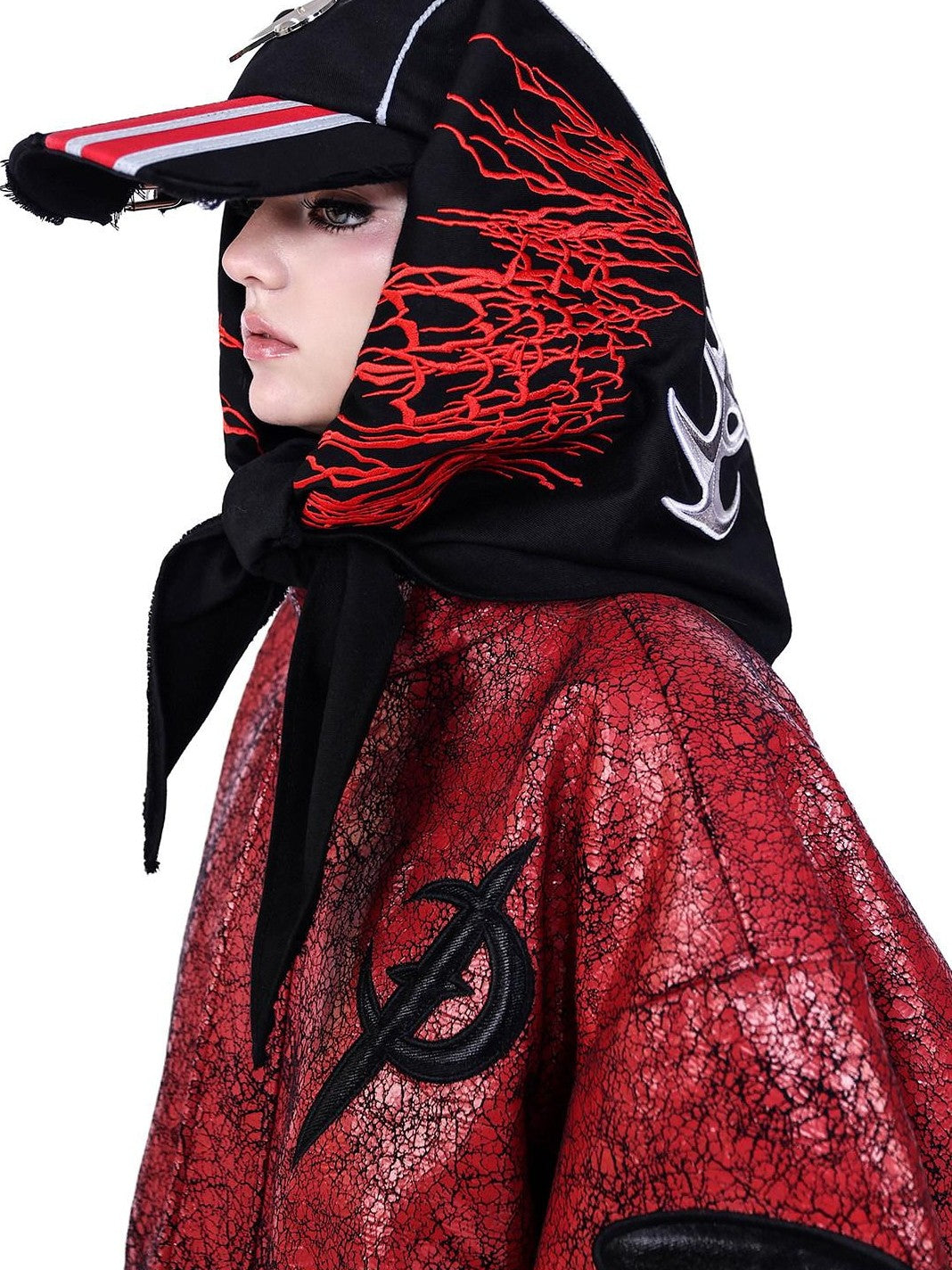 PINKSPINK Red Black Cracked Oversized Boxy Women's Pu Leather Moto Jackets