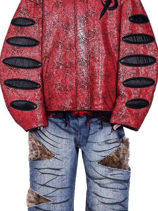PINKSPINK Red Black Cracked Oversized Boxy Women's Pu Leather Moto Jackets