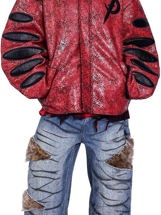 PINKSPINK Red Black Cracked Oversized Boxy Women's Pu Leather Moto Jackets