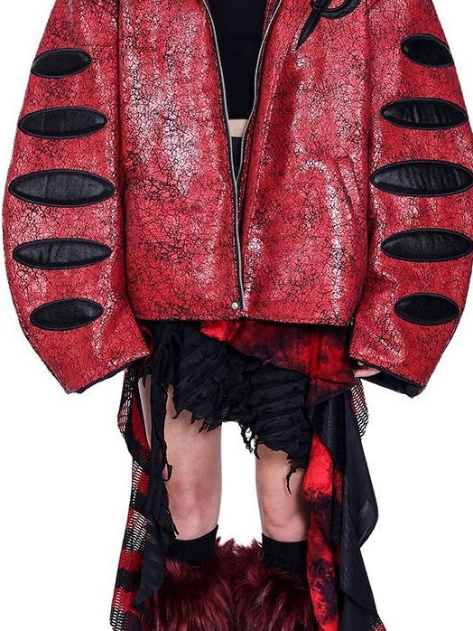 PINKSPINK Red Black Cracked Oversized Boxy Women's Pu Leather Moto Jackets