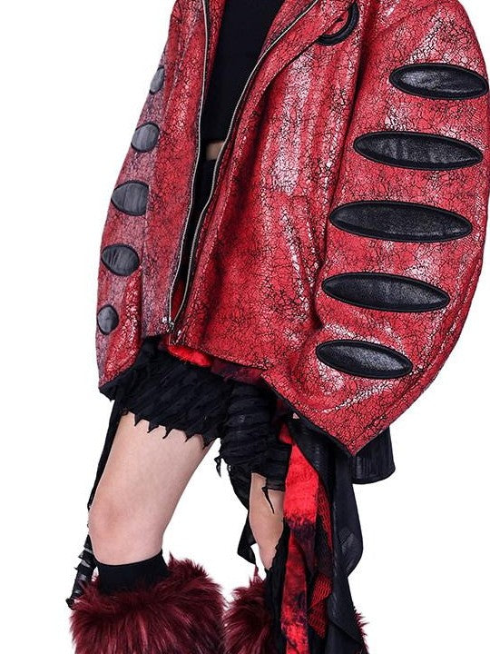 PINKSPINK Red Black Cracked Oversized Boxy Women's Pu Leather Moto Jackets