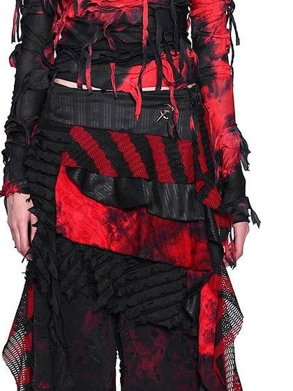 PINKSPINK Red Black Distressed Cutout Ripped Women's Washed Denim Wide-leg Jeans