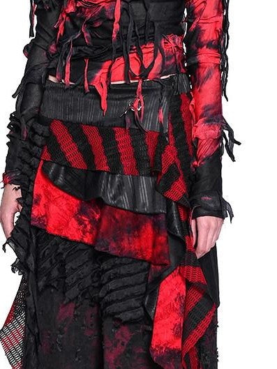 PINKSPINK Red Black Distressed Cutout Ripped Women's Washed Denim Wide-leg Jeans