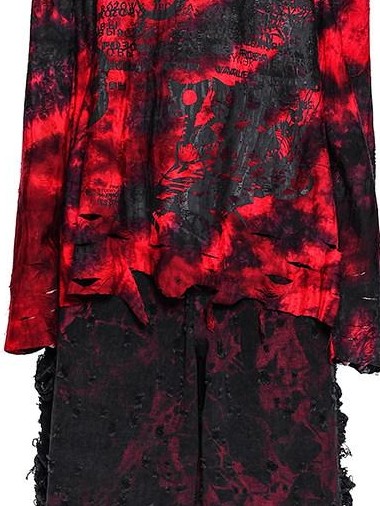 PINKSPINK Red Black Distressed Cutout Ripped Women's Washed Denim Wide-leg Jeans