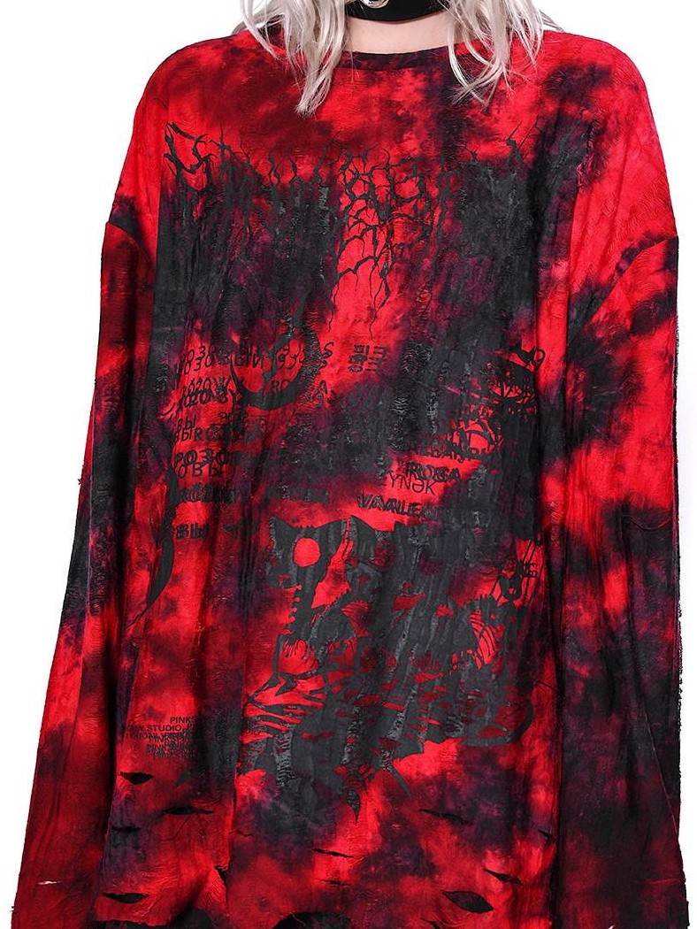 PINKSPINK Red Black Distressed Cutout Ripped Women's Washed Denim Wide-leg Jeans