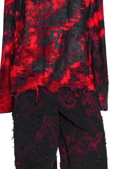PINKSPINK Red Black Distressed Cutout Ripped Women's Washed Denim Wide-leg Jeans