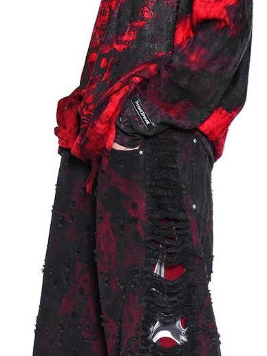 PINKSPINK Red Black Distressed Cutout Ripped Women's Washed Denim Wide-leg Jeans