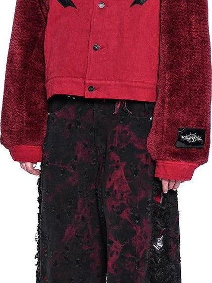 PINKSPINK Red Black Distressed Cutout Ripped Women's Washed Denim Wide-leg Jeans