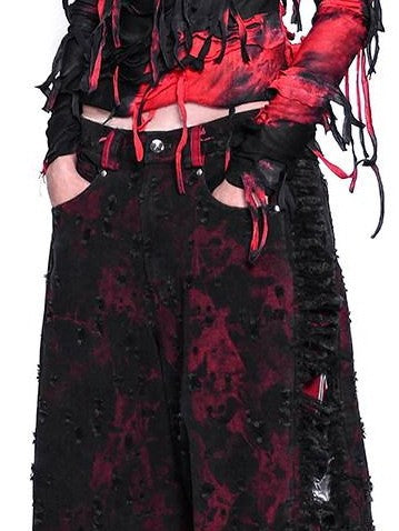 PINKSPINK Red Black Distressed Cutout Ripped Women's Washed Denim Wide-leg Jeans