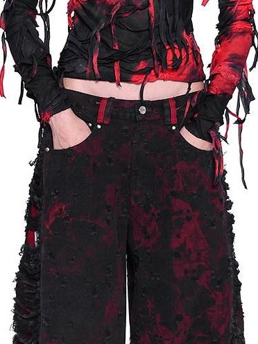 PINKSPINK Red Black Distressed Cutout Ripped Women's Washed Denim Wide-leg Jeans