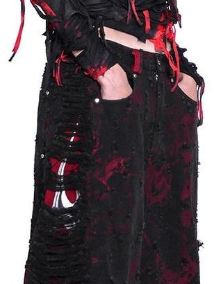 PINKSPINK Red Black Distressed Cutout Ripped Women's Washed Denim Wide-leg Jeans