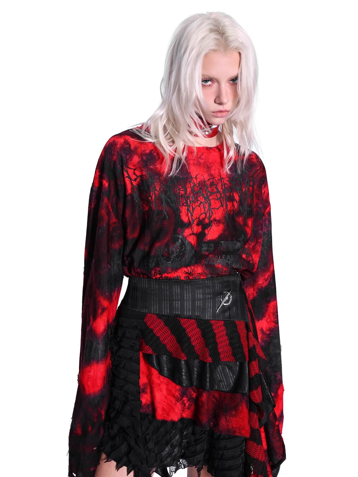 PINKSPINK Red Black Striped Asymmetric Studded Mesh Women's Polyester Mini Skirts