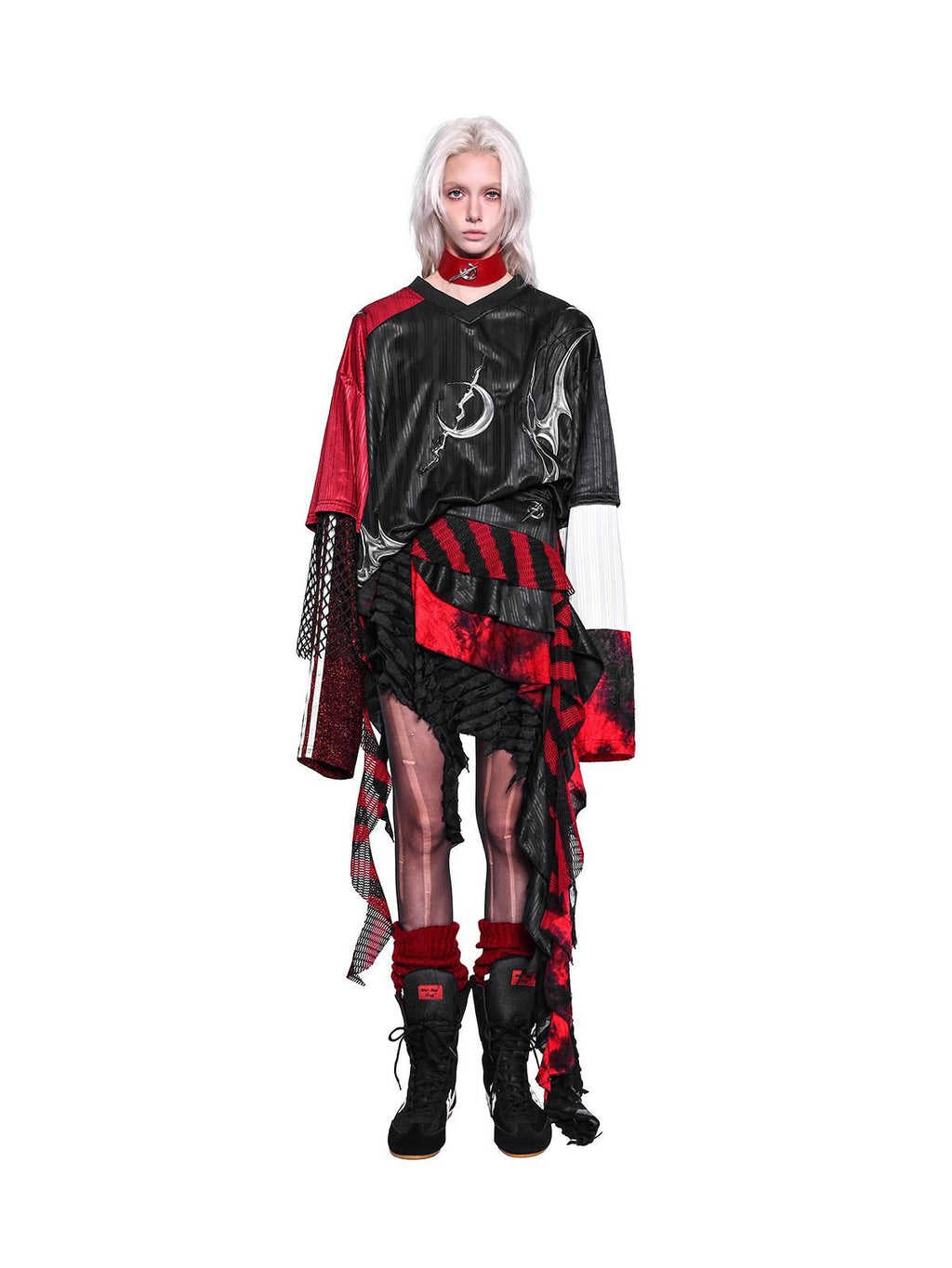 PINKSPINK Red Black Striped Asymmetric Studded Mesh Women's Polyester Mini Skirts