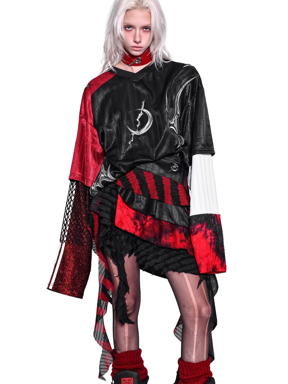 PINKSPINK Red Black Striped Asymmetric Studded Mesh Women's Polyester Mini Skirts