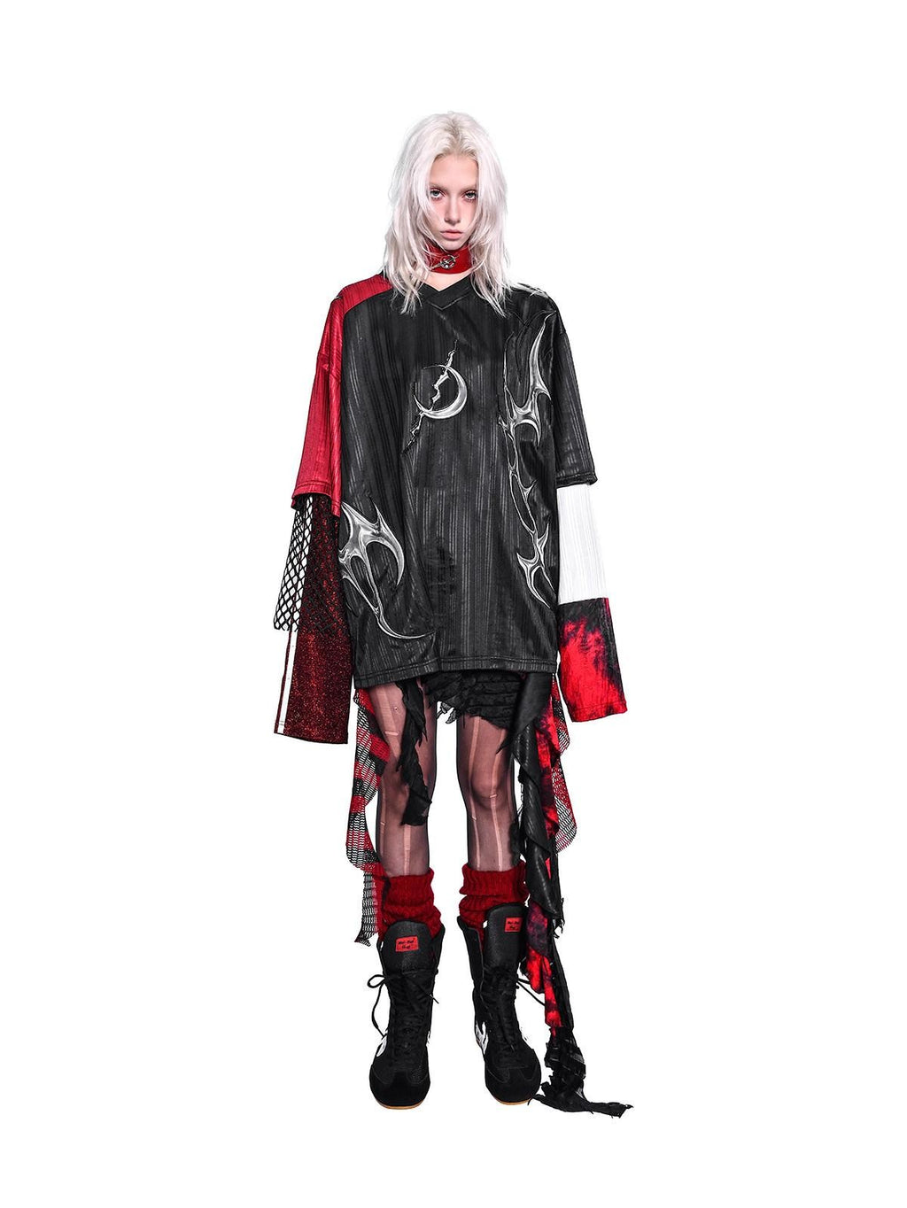 PINKSPINK Red Black Striped Asymmetric Studded Mesh Women's Polyester Mini Skirts