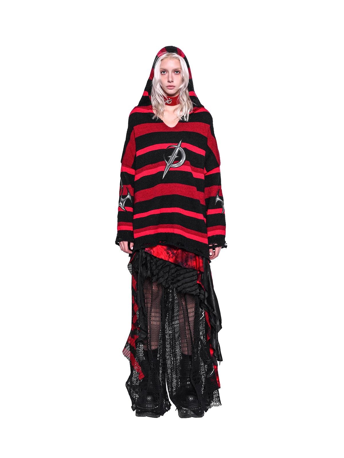 PINKSPINK Red Black Striped Asymmetric Studded Mesh Women's Polyester Mini Skirts