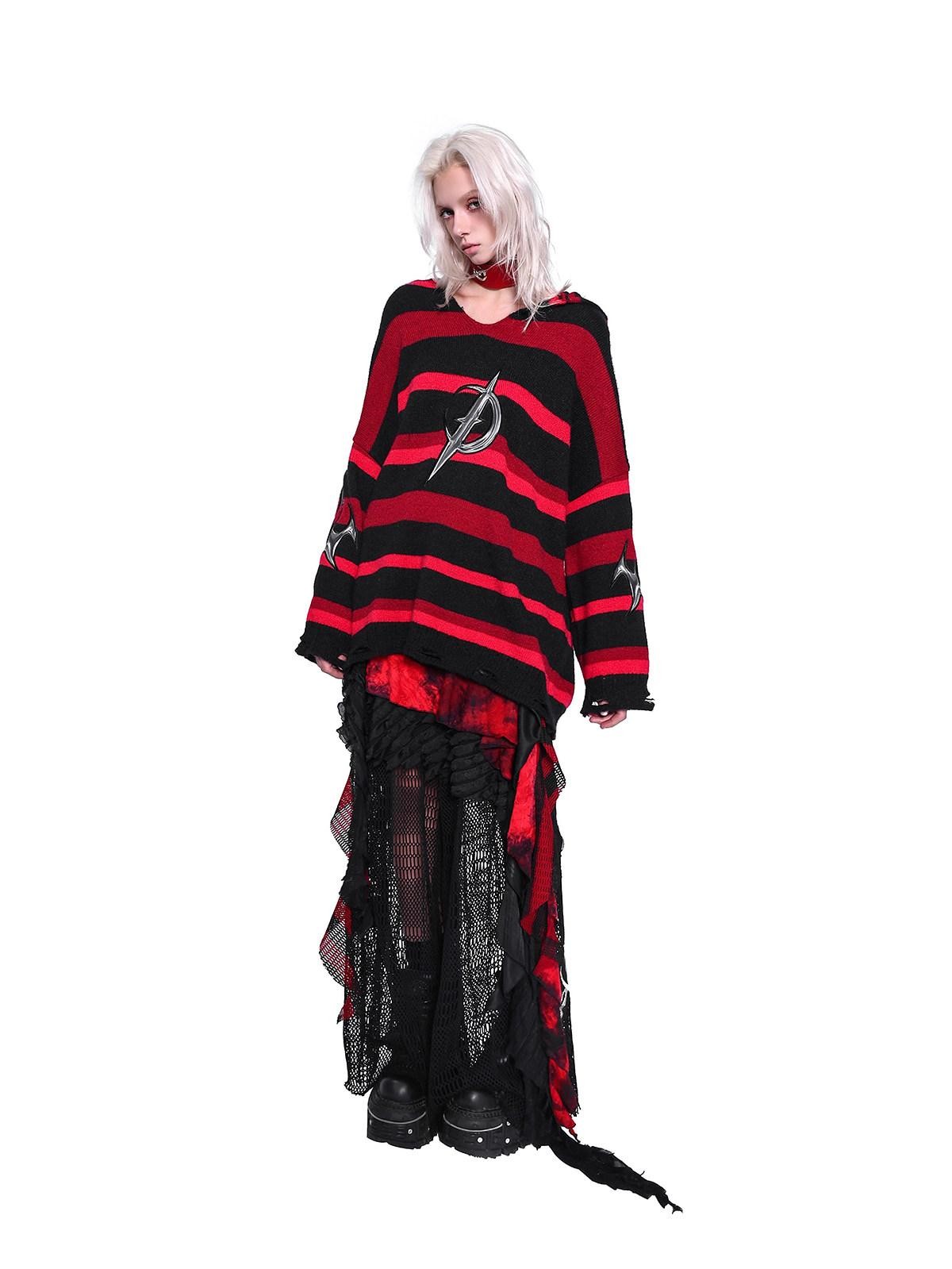 PINKSPINK Red Black Striped Asymmetric Studded Mesh Women's Polyester Mini Skirts