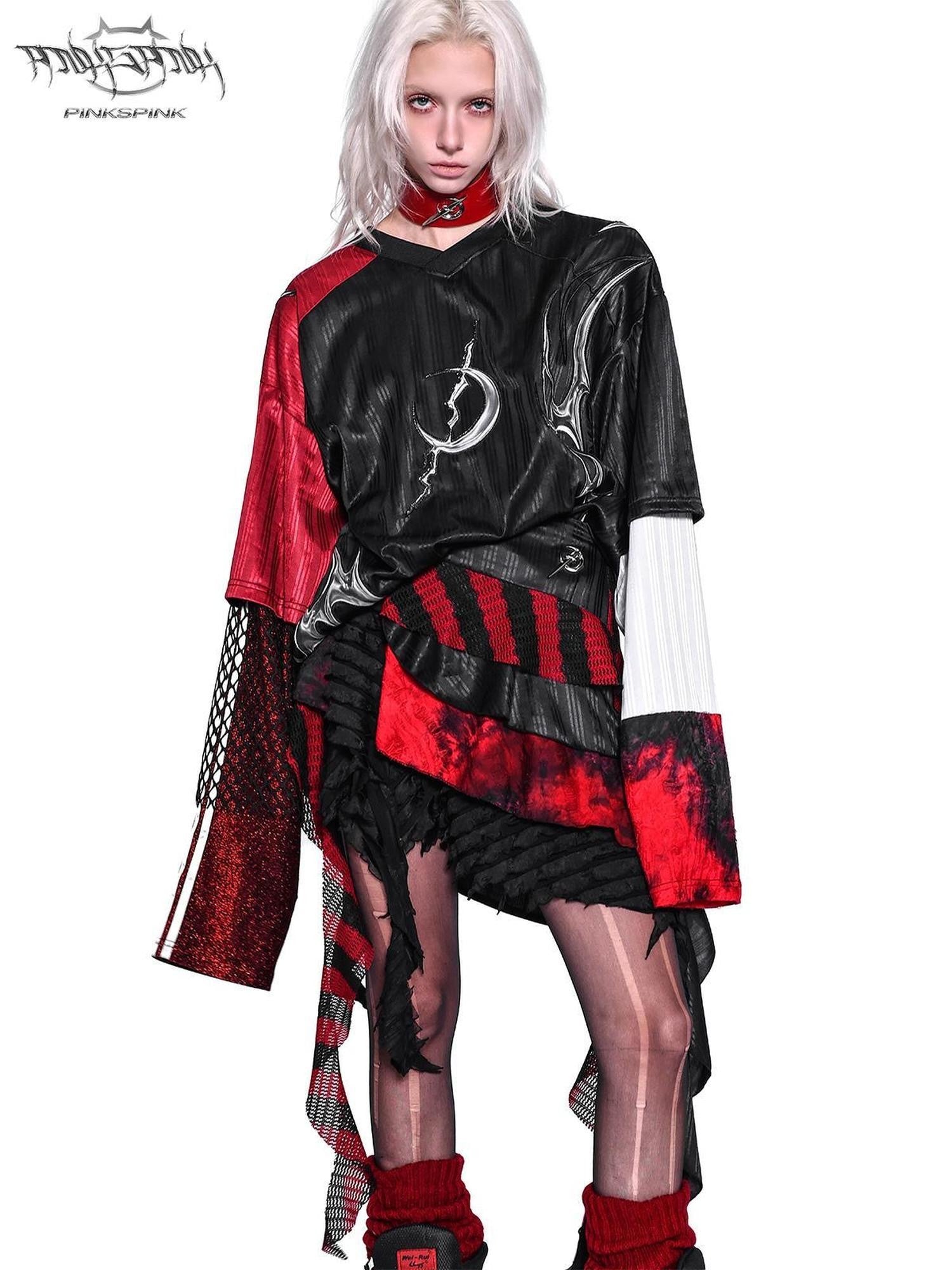 PINKSPINK Red Black Striped Asymmetric Studded Mesh Women's Polyester Mini Skirts