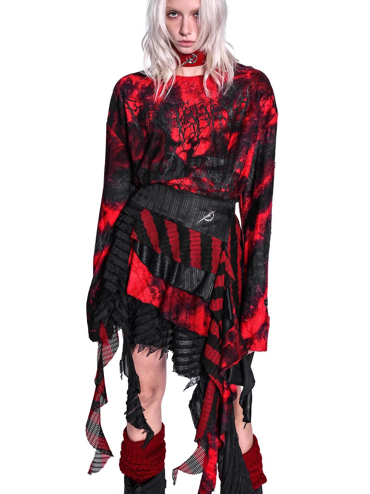 PINKSPINK Red Black Striped Asymmetric Studded Mesh Women's Polyester Mini Skirts