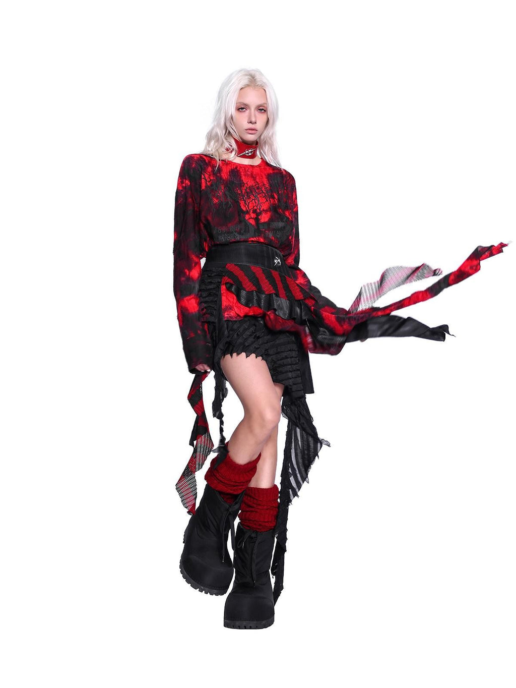 PINKSPINK Red Black Striped Asymmetric Studded Mesh Women's Polyester Mini Skirts