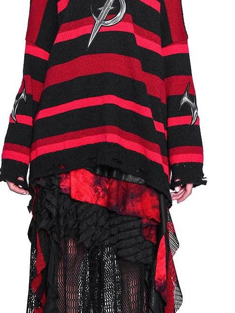 PINKSPINK Red Black Striped Embroidered Distressed Hood V-neck Women's Acrylic Sweaters