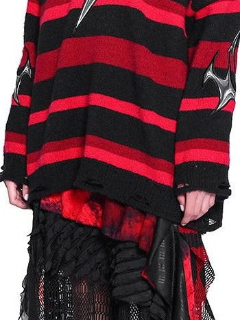 PINKSPINK Red Black Striped Embroidered Distressed Hood V-neck Women's Acrylic Sweaters