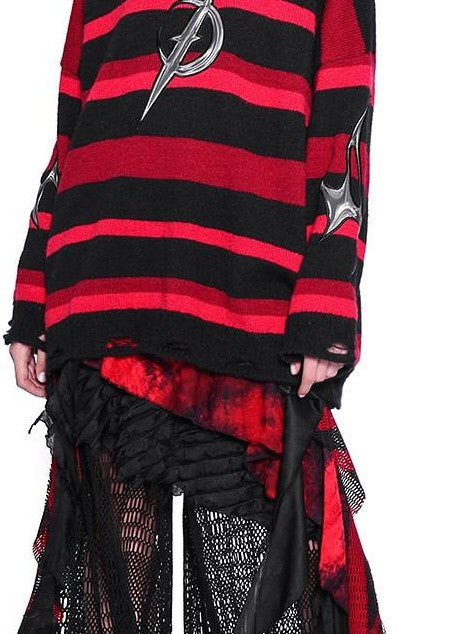 PINKSPINK Red Black Striped Embroidered Distressed Hood V-neck Women's Acrylic Sweaters