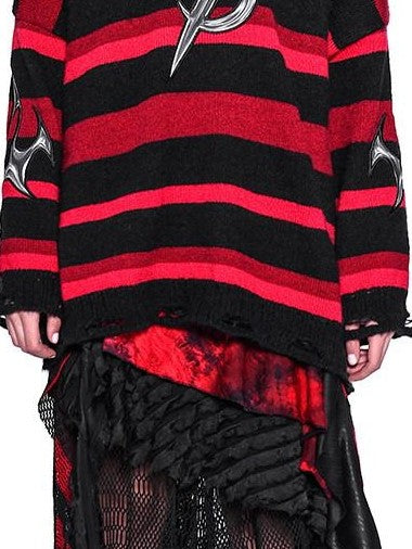 PINKSPINK Red Black Striped Embroidered Distressed Hood V-neck Women's Acrylic Sweaters