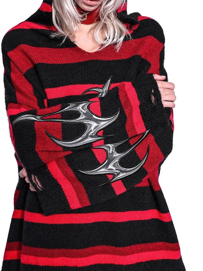 PINKSPINK Red Black Striped Embroidered Distressed Hood V-neck Women's Acrylic Sweaters