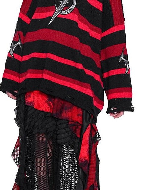 PINKSPINK Red Black Striped Embroidered Distressed Hood V-neck Women's Acrylic Sweaters